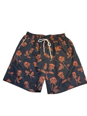 New ROMWE Swim Trunks Large Black Orange Brown Skull & Rose Drawstring NWT